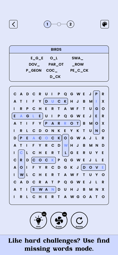 Word Search - Super Hard - Captura de pantalla de un puzle de sopa de letras que muestra el Modo Faltante donde los jugadores encuentran palabras relacionadas con aves con letras ocultas en una cuadrícula.