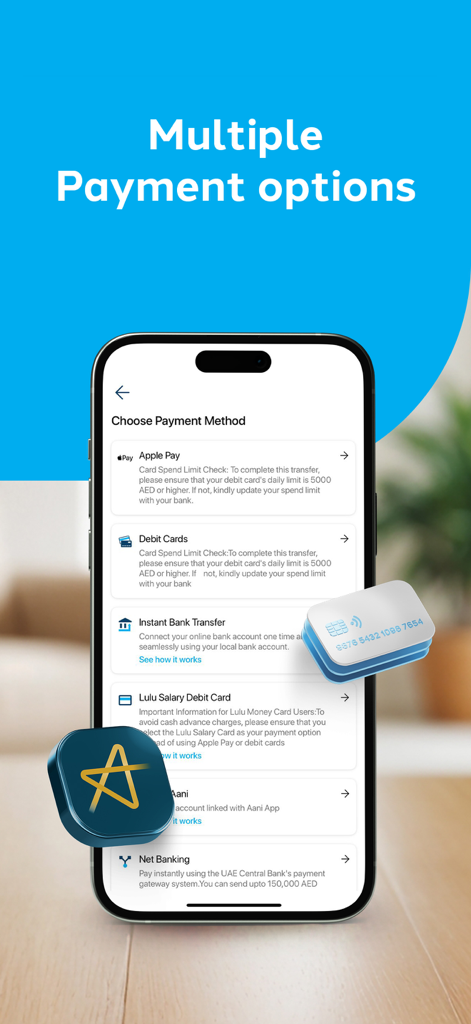 Una interfaz móvil que muestra varios métodos de pago en la aplicación Lulu Money, incluyendo Apple Pay y transferencias bancarias