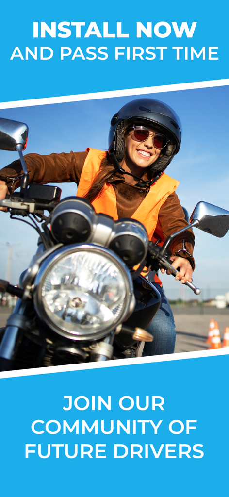 Motorcycle Theory Test UK - A smiling woman riding a motorcycle wearing a helmet and safety vest with text inviting users to install and pass their theory test first time