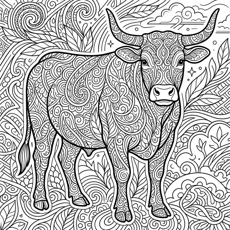 Discover tranquility with this intricate Zentangle cattle coloring page, designed specifically for adults. Dive into a world of detailed patterns and bring this majestic farm animal to life with your colors.