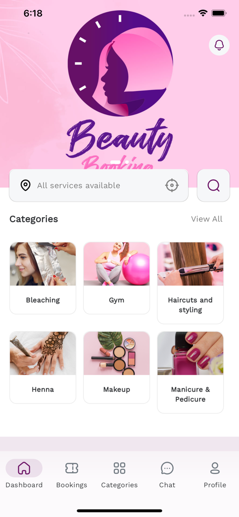 BB App - Beauty Booking Qatar - Panel de la aplicación de reserva de belleza BB App mostrando categorías de servicios como estilismo y henna