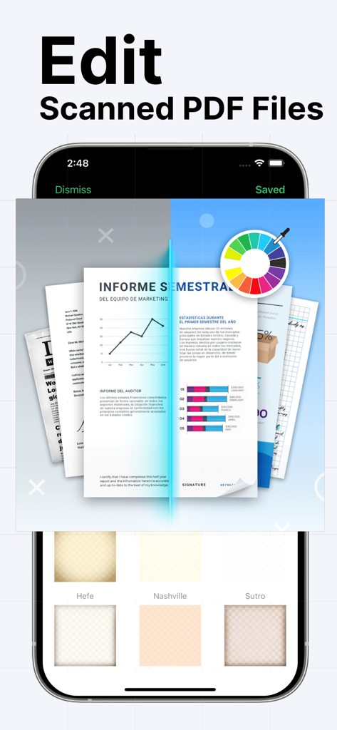 Quick Scan Pro:Scanner for Doc - Oberfläche zeigt professionelle PDF-Bearbeitungswerkzeuge mit Farbrad und Dokumentfiltern in Quick Scan Pro.