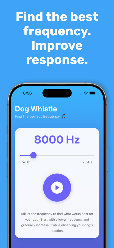 BarkGPT – AI Dog Translator - BarkGPT app interface showing the dog whistle feature with a frequency adjustment slider set to 8000 Hz