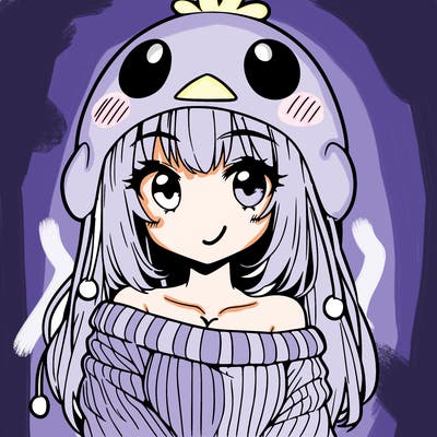 anime girl with chick shaped hat with sweater with bare shoulders with bangs covering them one eye with low tail