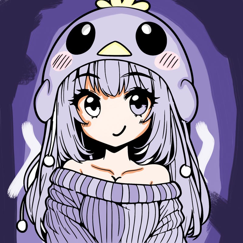 anime girl with chick shaped hat with sweater with bare shoulders with bangs covering them one eye with low tail