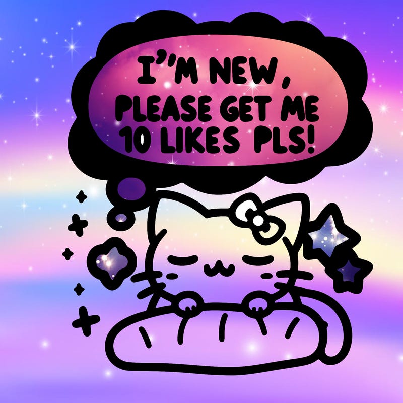 kitty taking a nap dream talking and saying "i'm new, please get me at least 10 likes pls!!"