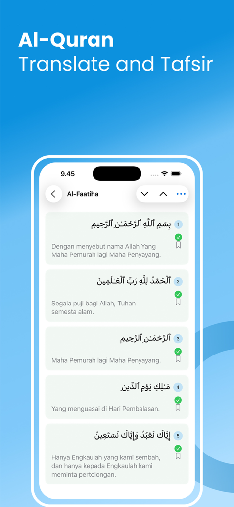 Quran translation and tafsir screen in the Kabah Map app