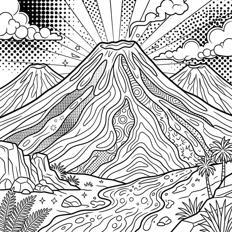 Unleash your artistic energy with this captivating Pop Art Shield Volcanoes coloring page, a vibrant blend of nature's power and comic book aesthetics. This dynamic template offers a unique and engaging coloring challenge for enthusiasts of all ages.
