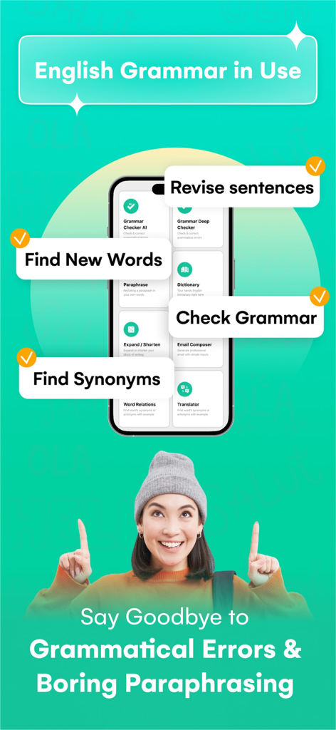 Interface of an AI grammar and spell check app featuring sentence revision and vocabulary tools.