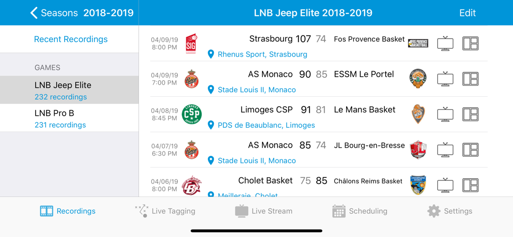 Dashboard of the Keemotion app displaying a list of recorded basketball games for professional video analysis.