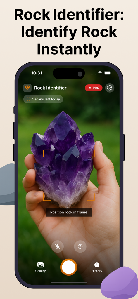 Rock Identifier: GeoLens - Smartphone app scanning a purple amethyst crystal to identify it instantly
