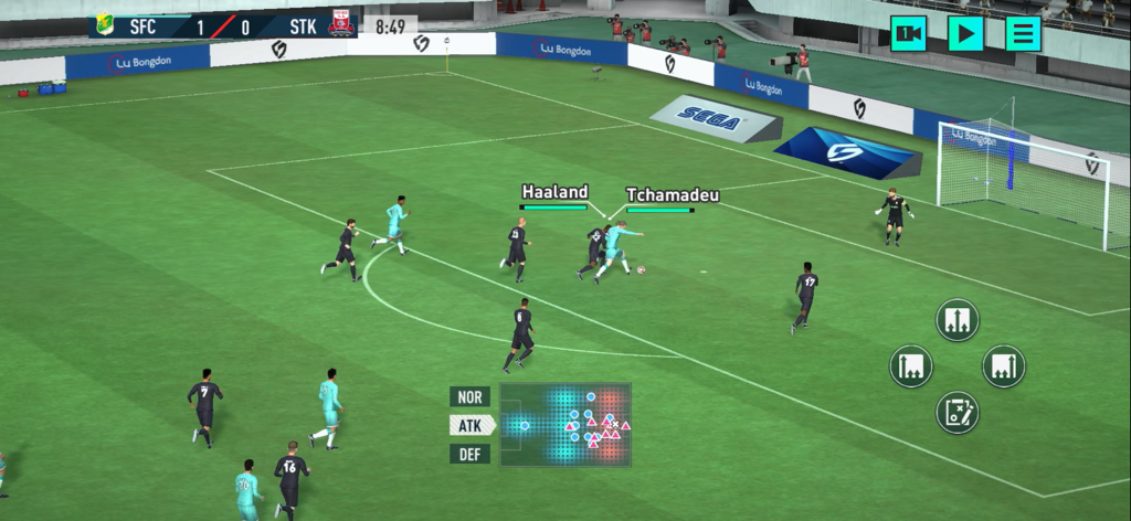 Strategic match gameplay in SEGA Football Club Champions showing tactical overlay and real players like Haaland