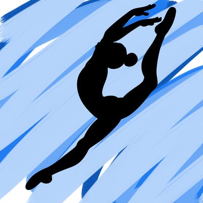 gymnast doing a leap in a leotard with a bent back leg