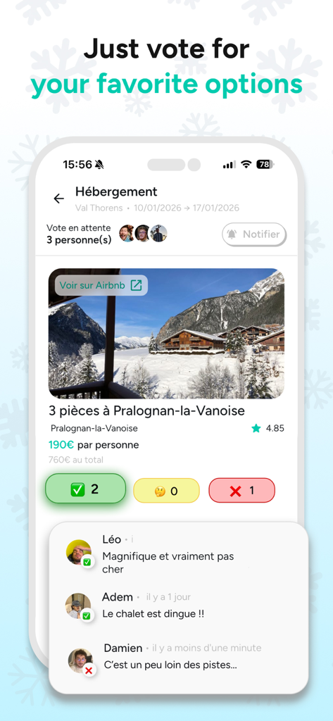 SmarTrips app screen for group members to vote and comment on travel accommodation options