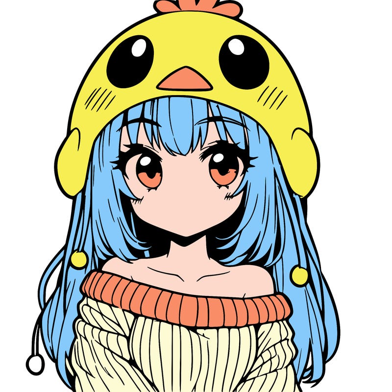 anime girl with chick shaped hat with sweater with bare shoulders with bangs covering them one eye with low tail