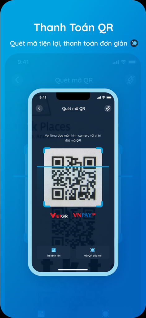 TNEX - Ngân hàng số thế hệ mới - 스마트폰 화면, TNEX 앱 QR 코드 스캐너, 디지털 결제용 표시