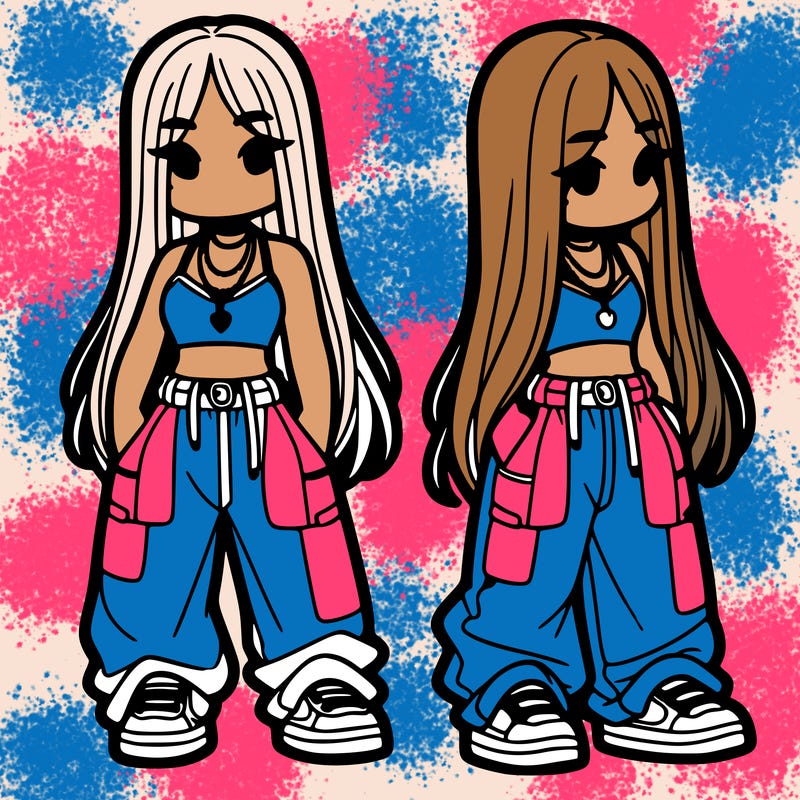 girl in baggy pants crop top and long hair