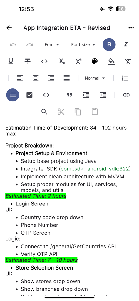 Offline Office: Doc PDF & Scan - Mobile interface of Offline Office app showing a text document with editing tools and project breakdown content