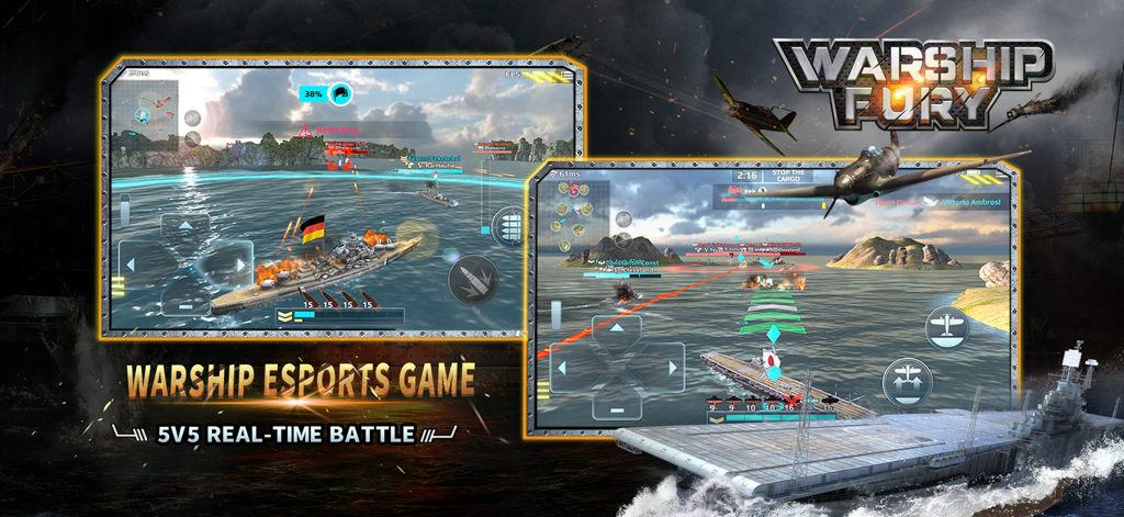 Warship Fury - Warship Fury mobile game screenshot featuring 5v5 real-time naval battles with WWII warships and aircraft carriers