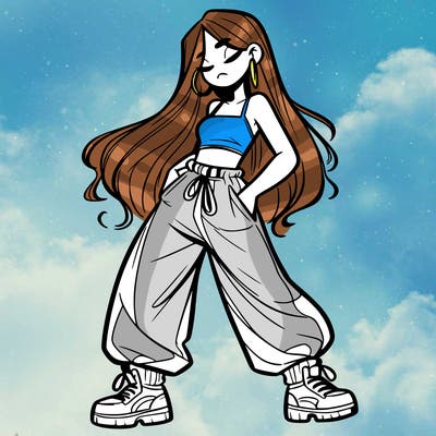 girl in baggy pants crop top and long hair