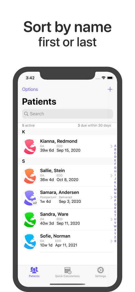 OB Tracker & Pregnancy Wheel - OB Tracker app patient list screen showing gestational age and due dates