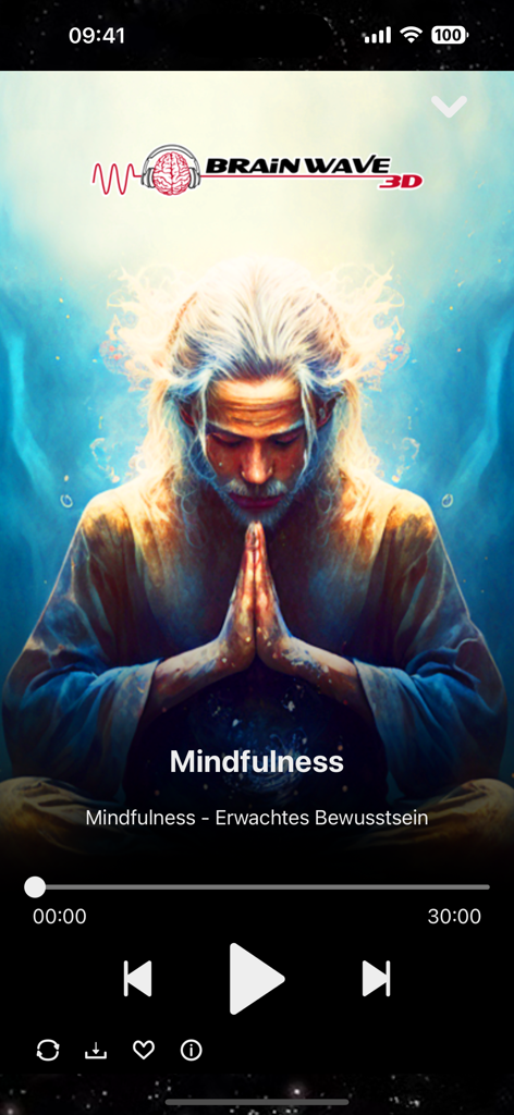 Brainwave3D app audio player screen featuring a mindfulness meditation session with a glowing spiritual background