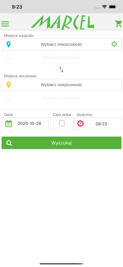 Marcel Bus - Mobile app interface for Marcel Bus showing the connection search screen with departure and destination fields.