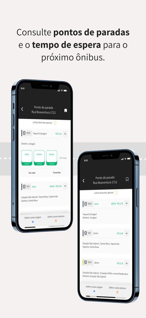Interface of the Bus2 mobile app showing real-time bus arrival times and transit stop information