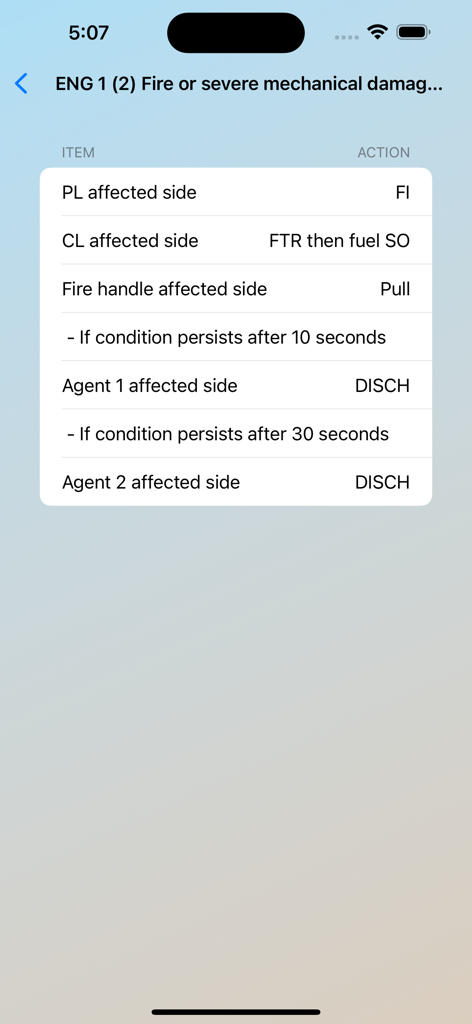 ATR 72 pilot study app displaying an engine fire memory items checklist