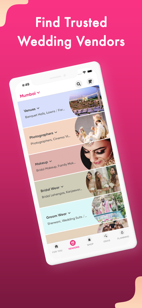 WedMeGood app screen showing categories for wedding vendors including venues photographers makeup and bridal wear