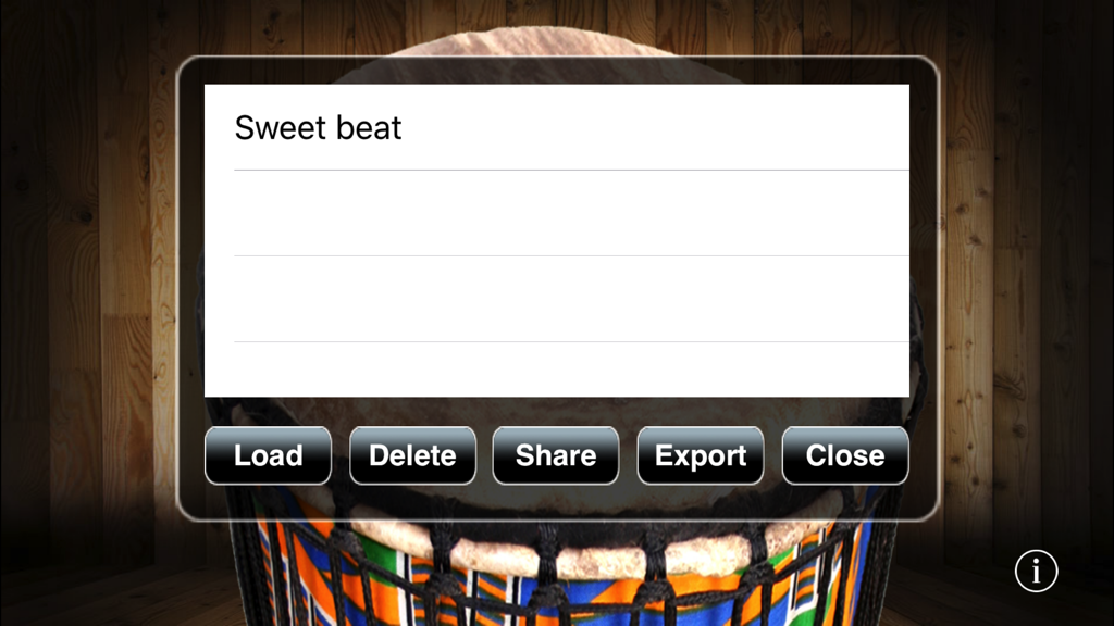 Djembe! - Djembe app interface showing a saved recording with options to load share and export