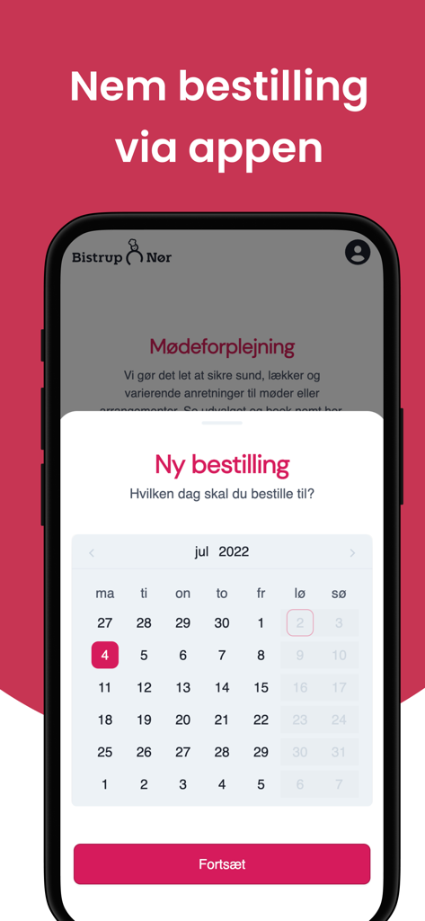 Bistrup & Nør - Bistrup and Nor app screen showing a calendar interface for selecting office lunch dates
