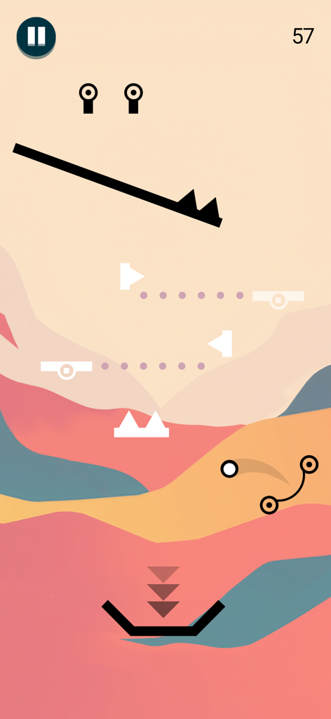 Palla bianca che salta attraverso un livello puzzle basato sulla fisica nel gioco Go Escape con uno sfondo minimalista colorato