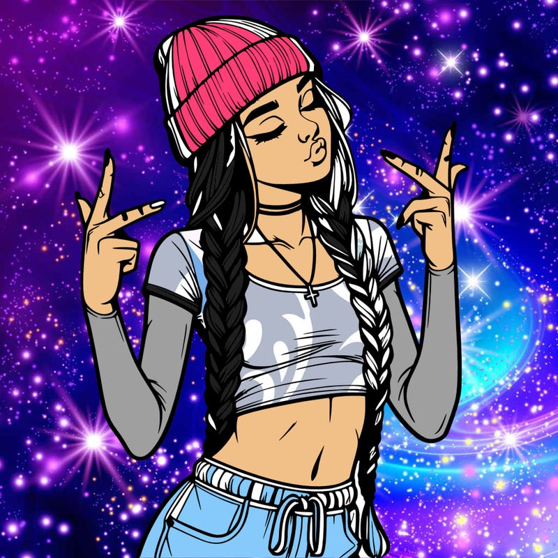 realistic teenage girl with braids and a beanie and crop top doing 🫶🏼