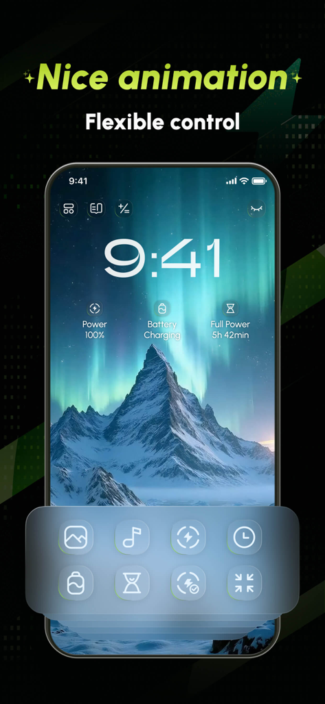 A phone lock screen showing a mountain landscape with custom battery charging status widgets and charging animations.