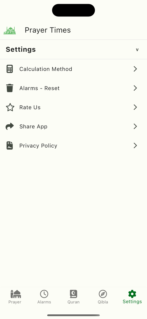Settings screen of the Prayer Times Qibla Quran app showing configuration options like calculation method and alarm resets.