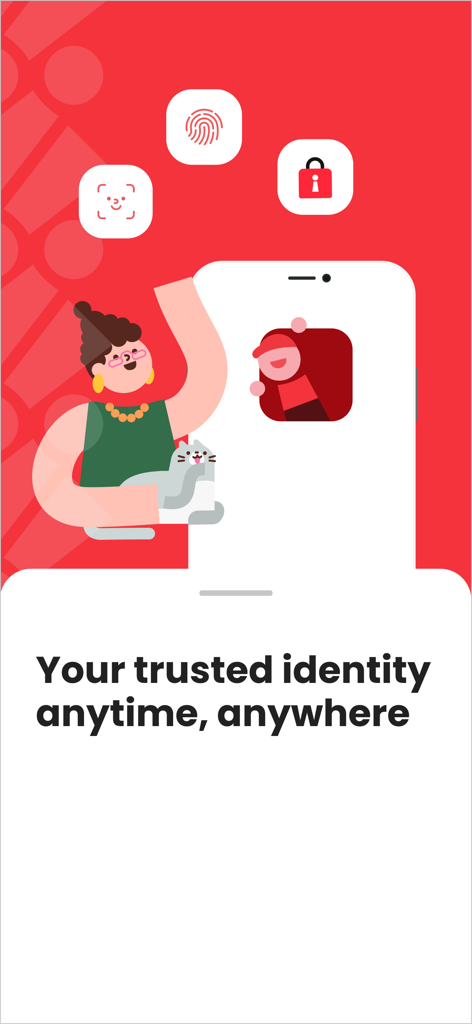 Singpass - Singpass app promotional screen featuring biometric security icons and the slogan Your trusted identity anytime anywhere