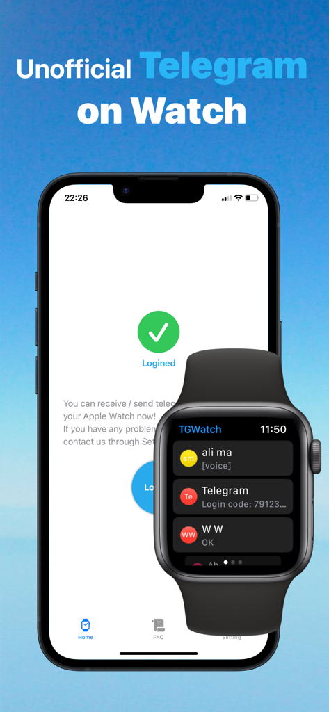 iPhone and Apple Watch displaying the TG Watch app interface and Telegram chat list