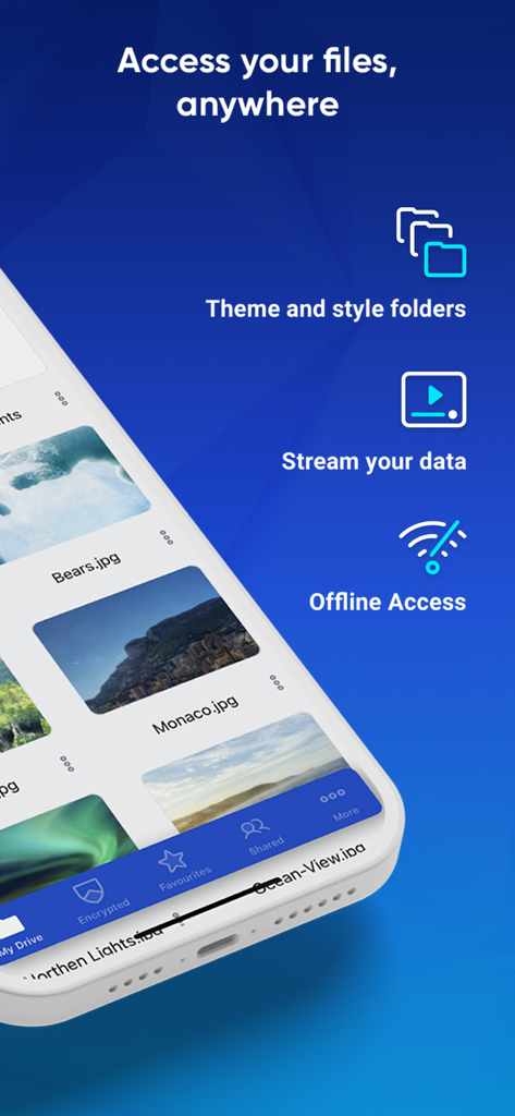 Icedrive – Cloud Storage - Icedrive app interface showing cloud storage features like offline access and data streaming