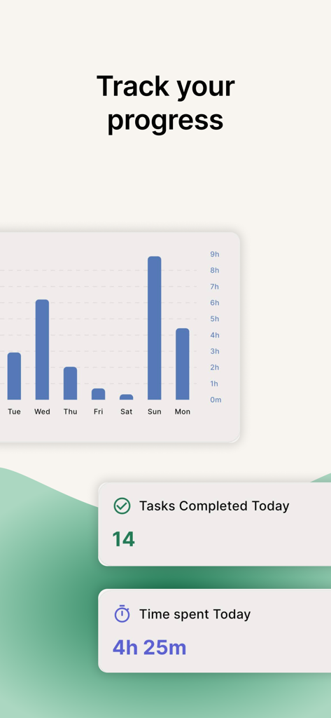 FlowStack: Focus Task Timer - Tela de acompanhamento de progresso do aplicativo FlowStack exibindo um gráfico de barras de atividade semanal e estatísticas diárias de conclusão de tarefas.