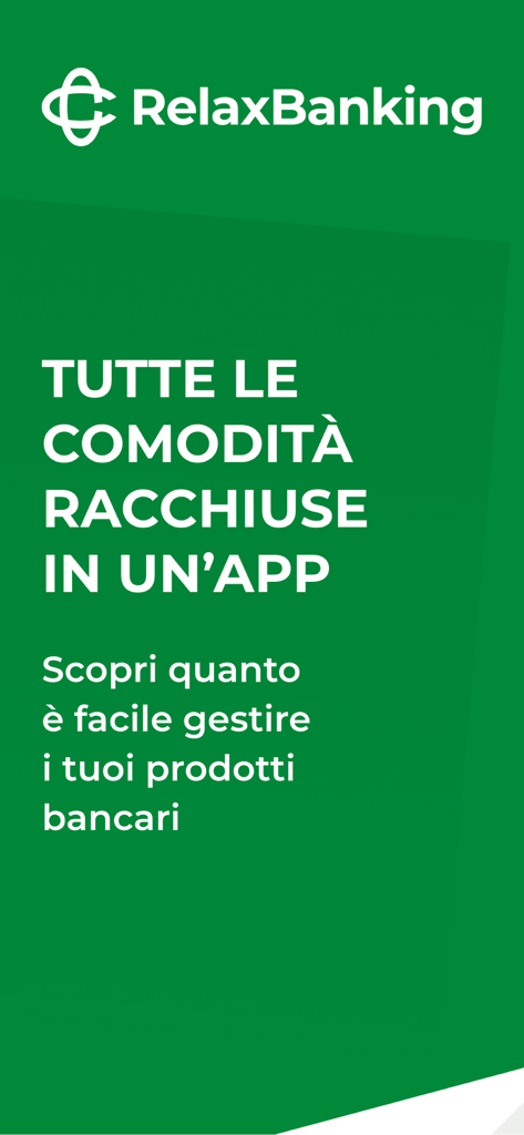 Pantalla de introducción de la aplicación móvil RelaxBanking con lema italiano sobre fondo verde