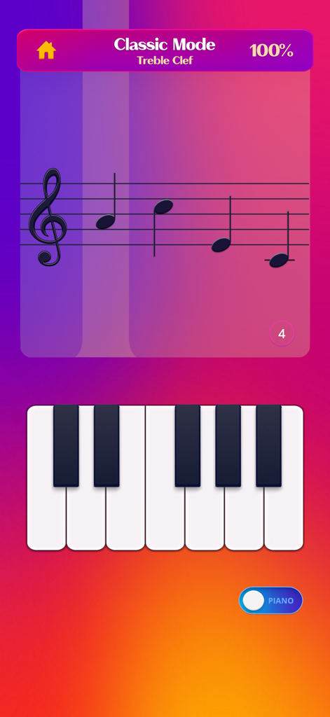 Note Trainer - Note Trainer app interface displaying classic mode with treble clef music notation and a piano keyboard