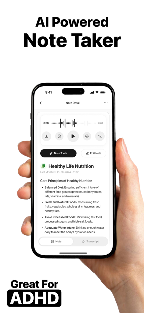 Note AI: Smart Note Taker - A smartphone displaying the Note AI app interface with an audio recording and summarized bullet points about nutrition
