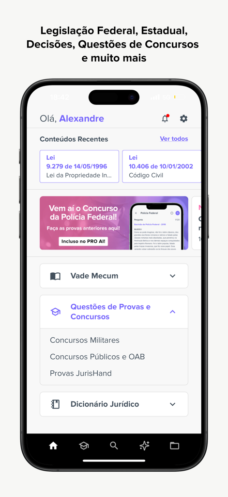 Vade Mecum 2026: JurisHand AI - Home screen of the Vade Mecum JurisHand AI app displaying Brazilian laws and exam study categories