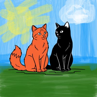 ginger cat sitting next to black cat