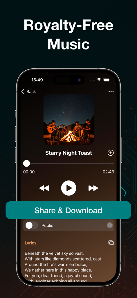AI Song Maker - Soniva Music - Royalty free music player interface in Soniva AI Song Maker app