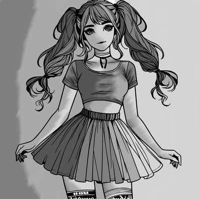 realistic girl in a skirt crop top and pigtails