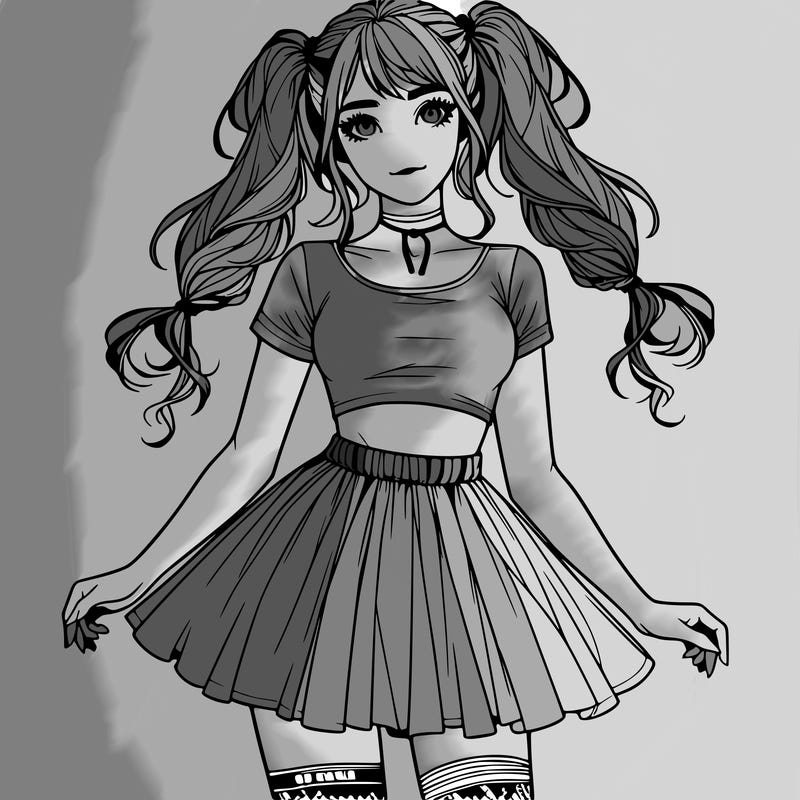 realistic girl in a skirt crop top and pigtails