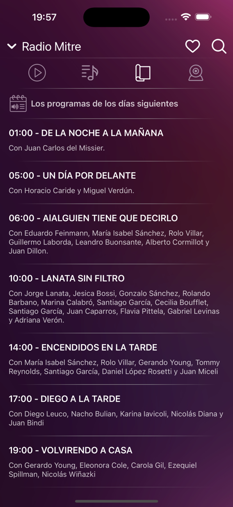 Programação diária da Radio Mitre mostrando horários de programas e apresentadores no aplicativo MyRadioEnVivo