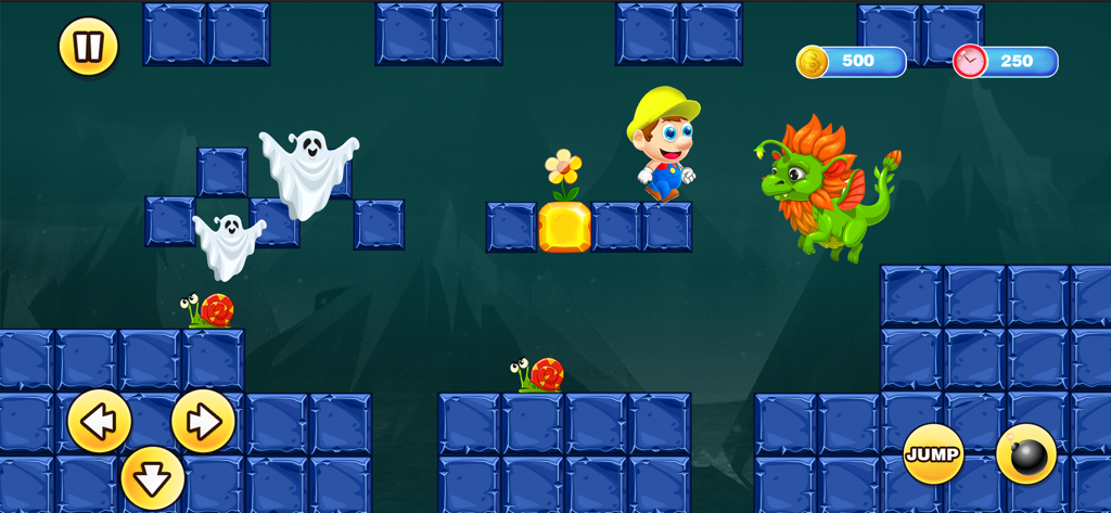 Bob World: Super Bro Run Game - Bob World Super Bro Run gameplay screenshot showing a character jumping on blue platforms with enemies and game controls